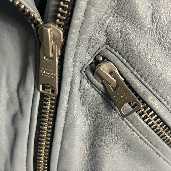 All Saints Moto Biker Zippered Belted 100% Lamb Leather Jacket size 0 Blue Gray - Picture 4 of 11